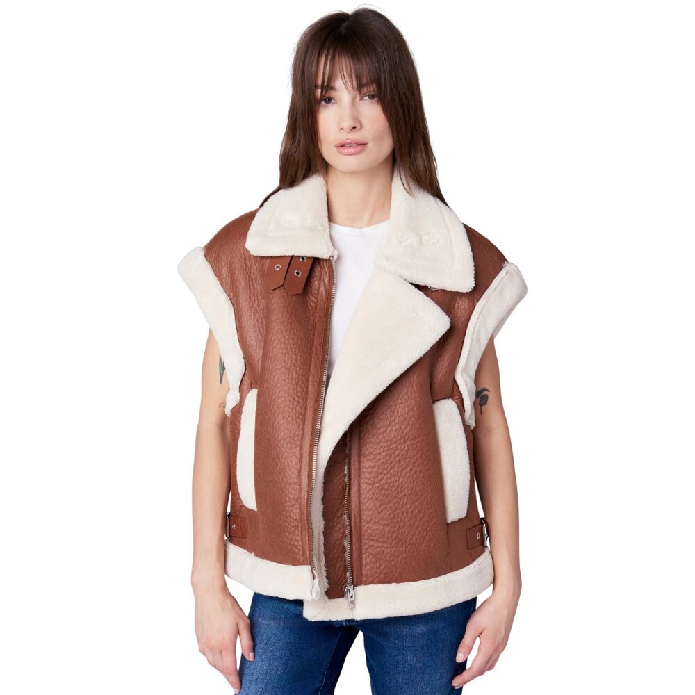 Blank NYC Faux Shearling First Sight Vest‎ Brown Moto Zip Front Cozy Layering